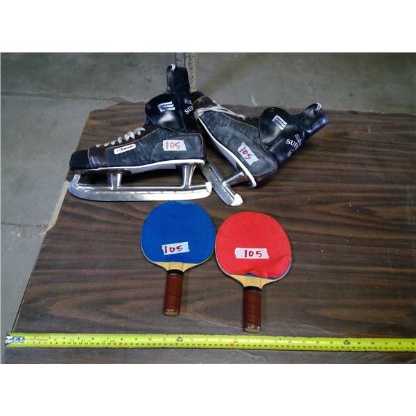 Lot of Ping Pong Paddles and Vintage Ice Skates