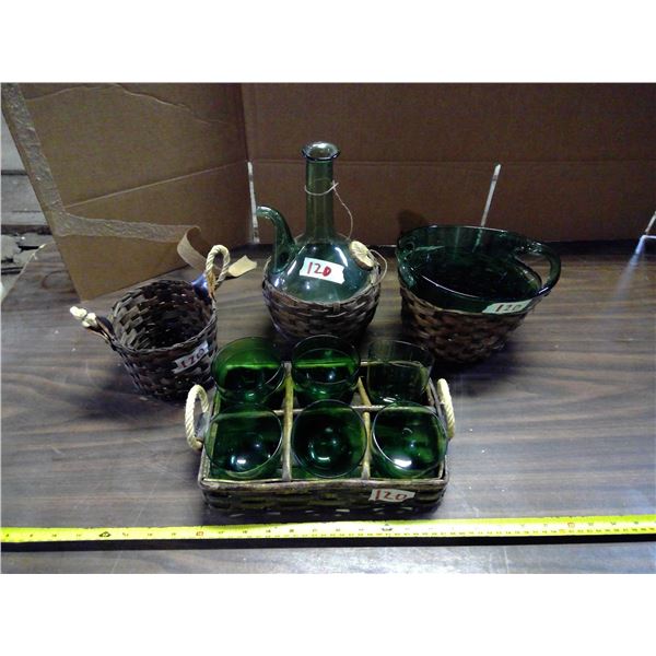 Green Glassware in Wicker Baskets