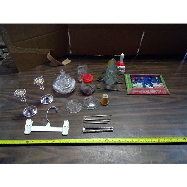 Lot of Misc. Items - Glassware, Candle Sticks, and Win Charms, etc.