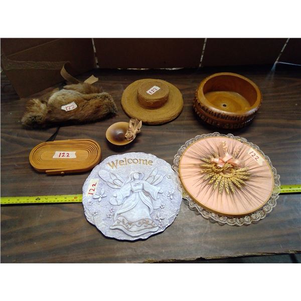 Lot of Misc. Items - Hats, Wood Basket, Angel Welcome Stone, etc.