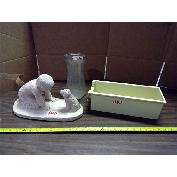 Lot of Misc. Items - Boy and Dog Ornament, Vase, and Plastic Container