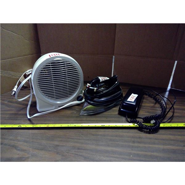 Lot of Home Appliances - Honeywell Heater, Iron, and Phone