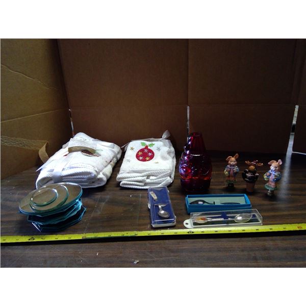 Lot of Misc. Items - Christmas Hand Towels, Small Mirrors, Collector Spoons, etc.