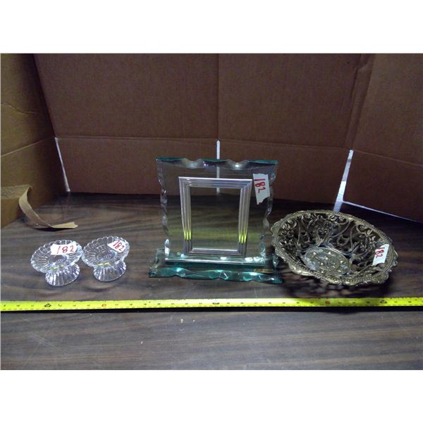Lot of 4 Misc. Items - 2 Glass Candle Stands, Picture Frame, and Brass Bowl