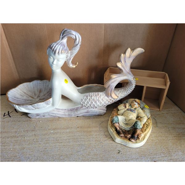 22 inch ceramic mermaid centerpiece/planter & misc décor