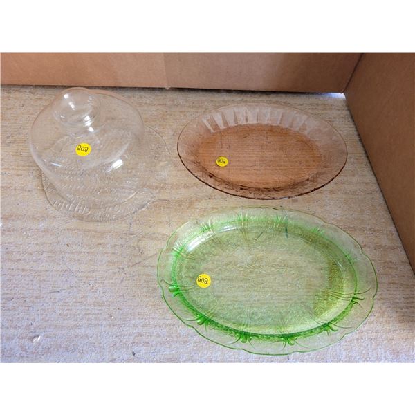 3 pc glassware including covered cheese plate, pink & green glass oval dishes