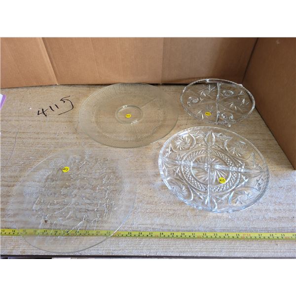 4 large glass serving trays, 1 footed, 2 divided, 1 xmas