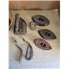 Image 2 : Metal pail - 4 sad irons, 1 trivet, oiler, stove top lifter and handle