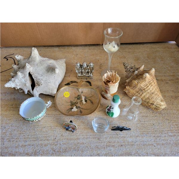 XL seashell décor lot - toothpick holder, brass dish, mini Japan plate