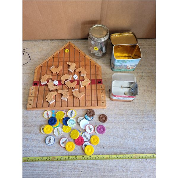 Wooden horse race game, jar of old matchbooks, Jell-o coins