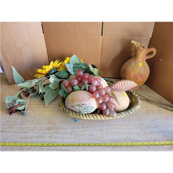 Xl Decorative fruit bowl, pitcher, decorative faux sunflowers