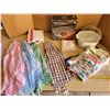 Image 1 : Kitchen lot - 4 vintage aprons, towels & cloths, silver plated basket, Corningware casserole dish