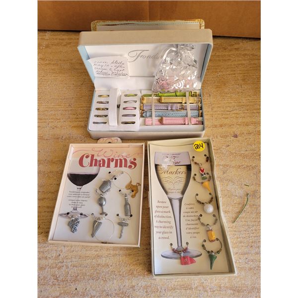 2 Boxes of wine glass charms & watch faces/straps