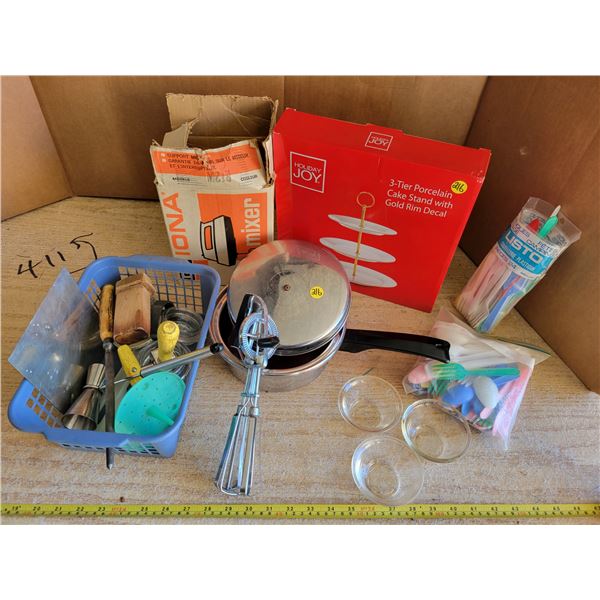 Vintage kitchen lot - stainless steel saucepan, new porcelain cake stand, electric mixer & more