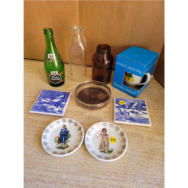 2 Currier & Ives coasters, wood and sons porcelain plates, Saskatchewan mug etc