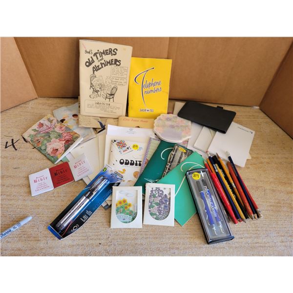 Vintage notepads, telephone books, misc pocket reading material & pens