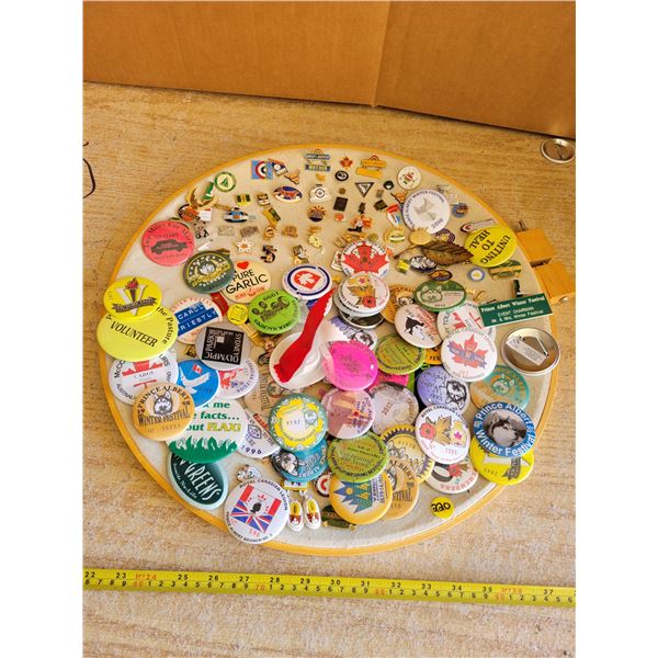 XL lot of vintage pins, pinbacks on embroidery ring
