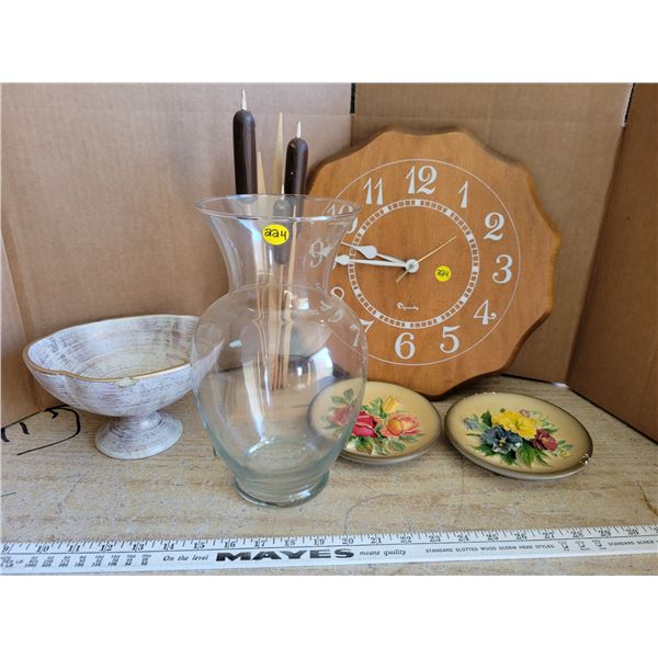 Decorative lot - 2 floral chalkware pieces, wooden wall clock, vase
