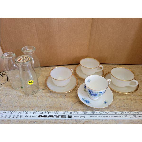 3 Fire King cups & saucers, matching teacup & saucer, 3 small glass milk bottles