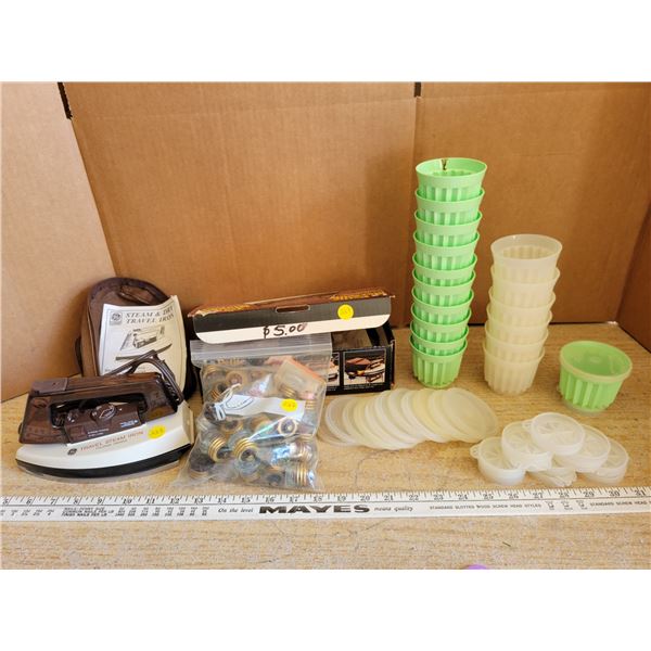 Vintage housewares - stove fuses, travel iron with original box, Tupperware gelatin molds
