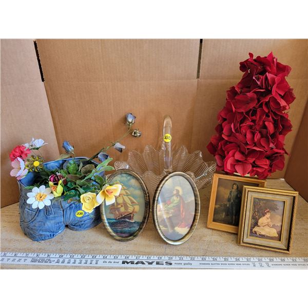 Housewares - cute bluejean planter, vintage framed artwork, glass basket