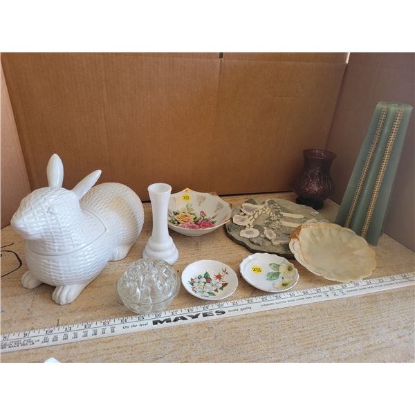 Porcelain bunny treat container, flower frog, assorted china, milk glass vase XL candle etc