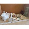 Image 1 : Porcelain bunny treat container, flower frog, assorted china, milk glass vase XL candle etc