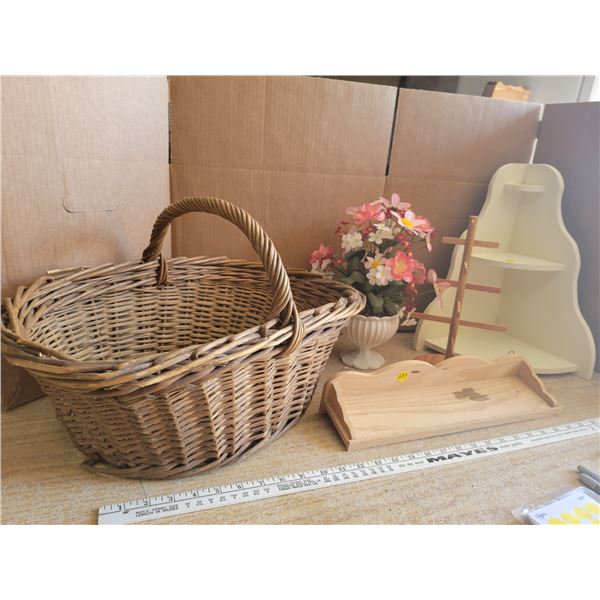 Woven basket, necklace tree, 2 wooden shelves & faux flowers