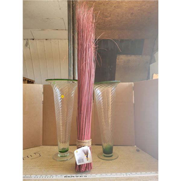 2 XXL tall green glass vases (almost matching but not quite) & bundle of decorative sticks