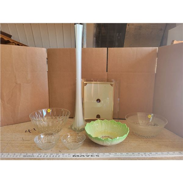 tall vase, glass bowls, dessert dishes, picture frame