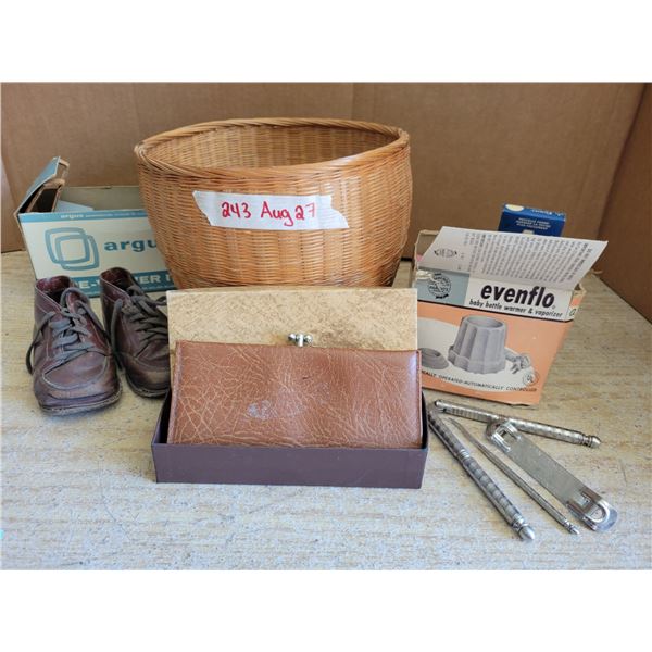 Basket of antique treasures - Argus slide magnifier with box, antique leather baby shoes, bottle war