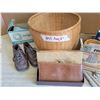 Image 2 : Basket of antique treasures - Argus slide magnifier with box, antique leather baby shoes, bottle war