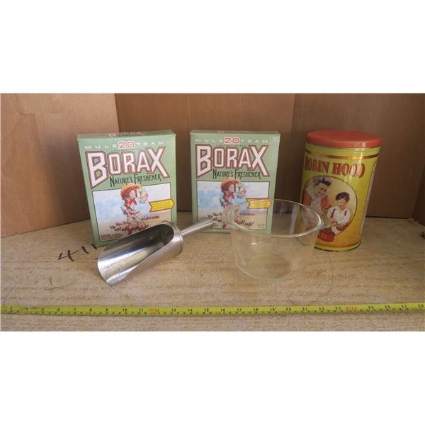 2 Boxes of Borax, Robinhood Tin, Pyrex Bowl, Scoop