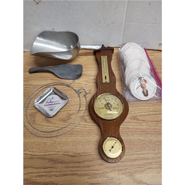 Lot of Assorted Items, Vintage Thermometer, Steel Scoop/Spatula, Beer Coasters, etc