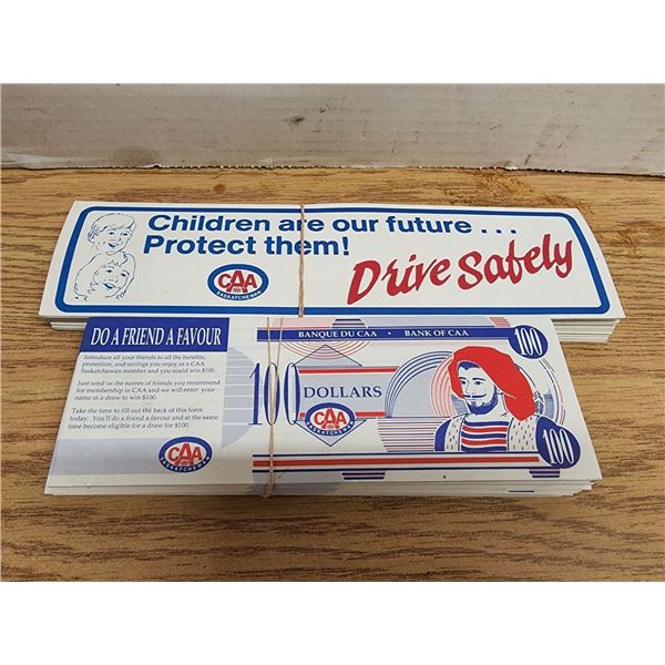 Vintage CAA Dollar Bills/Draws and CAA Bumper Stickers