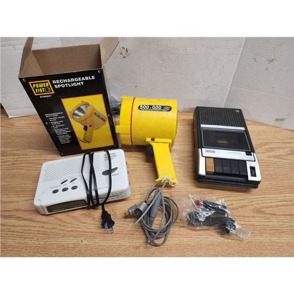 Assorted Electronics, Spot Light, Cassette Recorder and Clock Radio