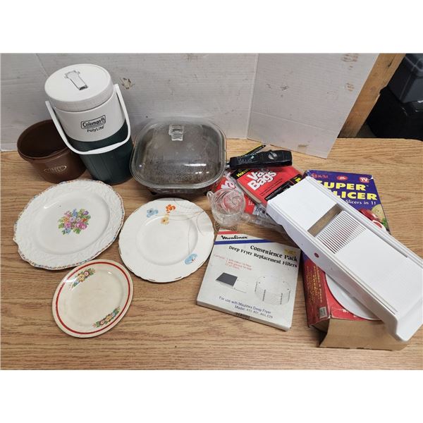 Lot of Assorted Kitchen Items, Super Slicer, Plates, Frying Pan, etc