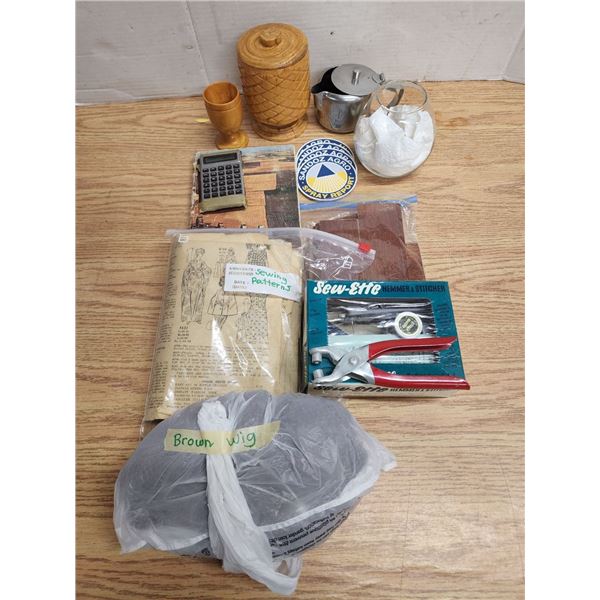 Assorted Household Items, Sewing Patterns, Wig, Teapot, etc