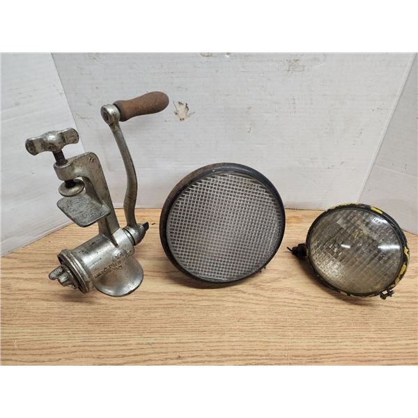 Vintage Meat Grinder, 2 Assorted Vehicle Lights
