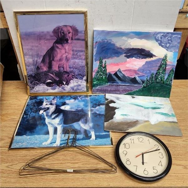 Assorted Pictures, Clock and Coat Hangers