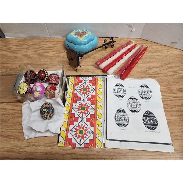 Assorted Ukranian Easter Eggs (Pysanky), Candles and Pin Cushion