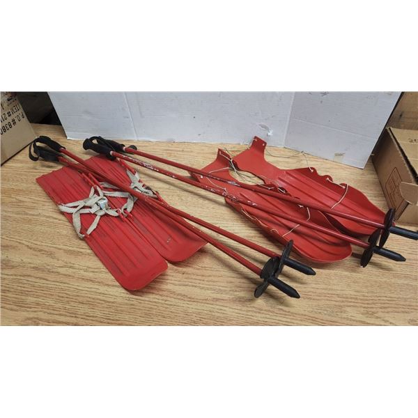 Set of 2 Red Tie-On Skiis with Poles