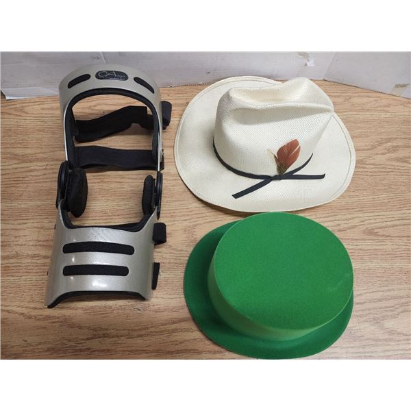Lot of Assorted Hats, Green Fedora, White Cowboy Hat, and Leg Brace