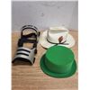 Image 2 : Lot of Assorted Hats, Green Fedora, White Cowboy Hat, and Leg Brace