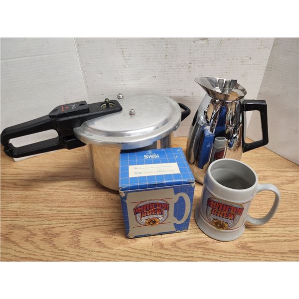 Lot of Assorted Kitchenware, Pressure Cooker, Kettle and New Beer Stein