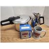 Image 1 : Lot of Assorted Kitchenware, Pressure Cooker, Kettle and New Beer Stein