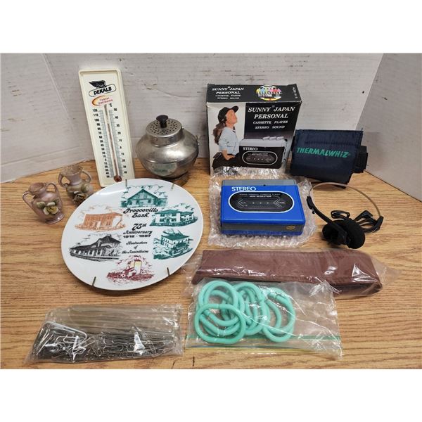 Lot of Assorted Household Items, Portable Cassette Player New, Decorative Plate, and Misc