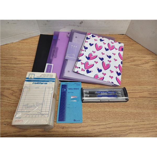 Lot of Assorted Clip Binders, New Sale Reciepts, Pens, etc