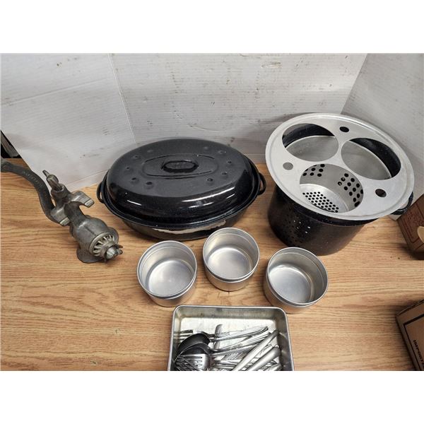 Lot of Assorted Kitchenwares, Roast Pan, Meat Grinder and Misc