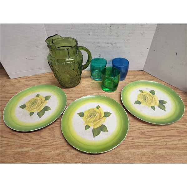 Green Lot of Assorted Plates, Cups and Glass Pitcher
